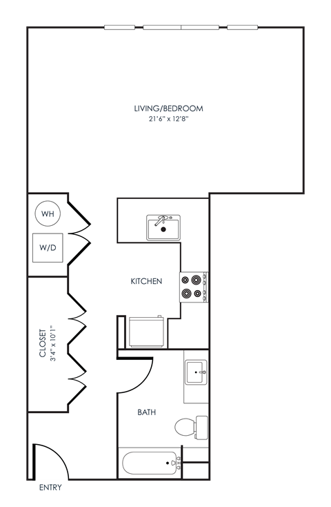 Floor plan for studio, 1 bath, 641 sqft